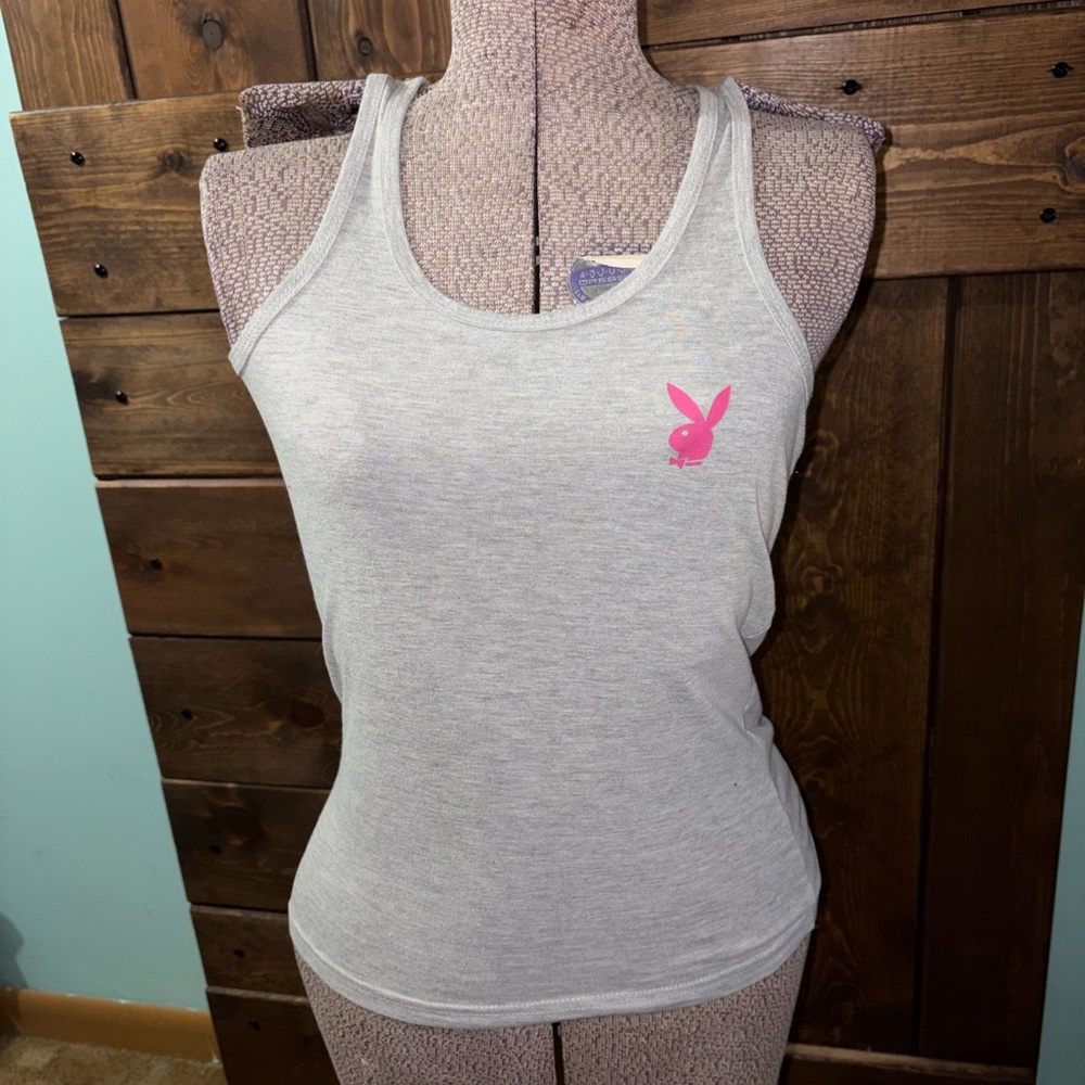 VINTAGE PLAYBOY Light Gray Tank Top with Pink Bunny Logo
